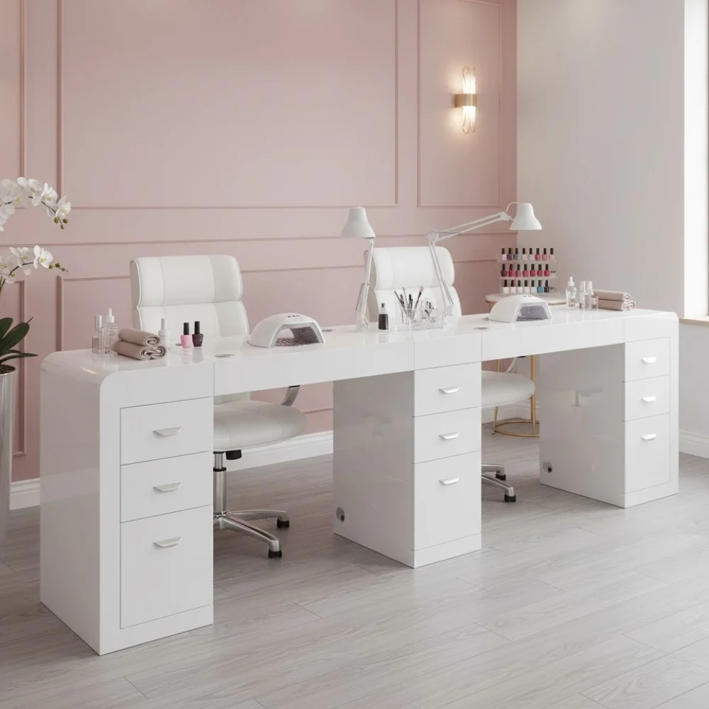 Tavolo manicure doppia postazione con aspiratore per estetista centro estetico legno laccato bianco 3 cassettiere Regin Keopalia Ke131050