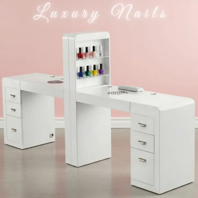 Tavolo Manicure Doppia Postazione con Aspiratori ed Espositori Gel e Smalti