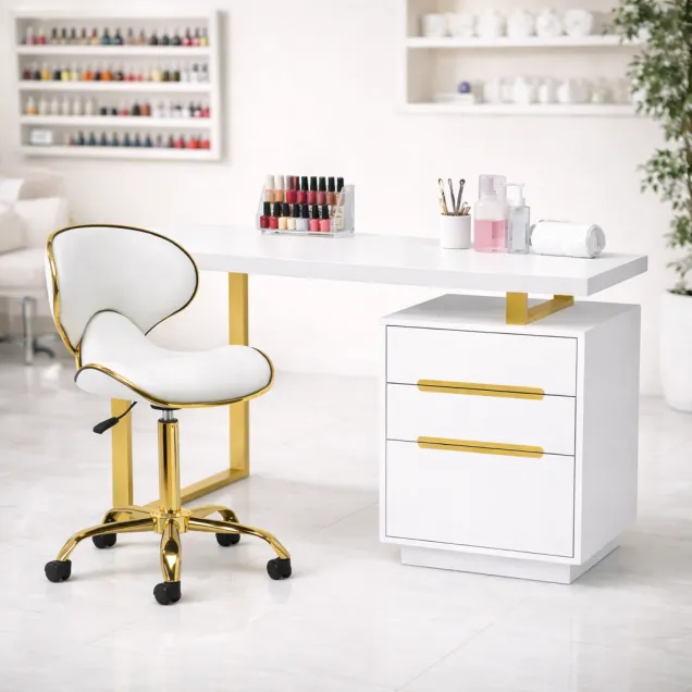 Tavolo Nail Manicure con Sedia Coordinato Bianco e Oro NEW