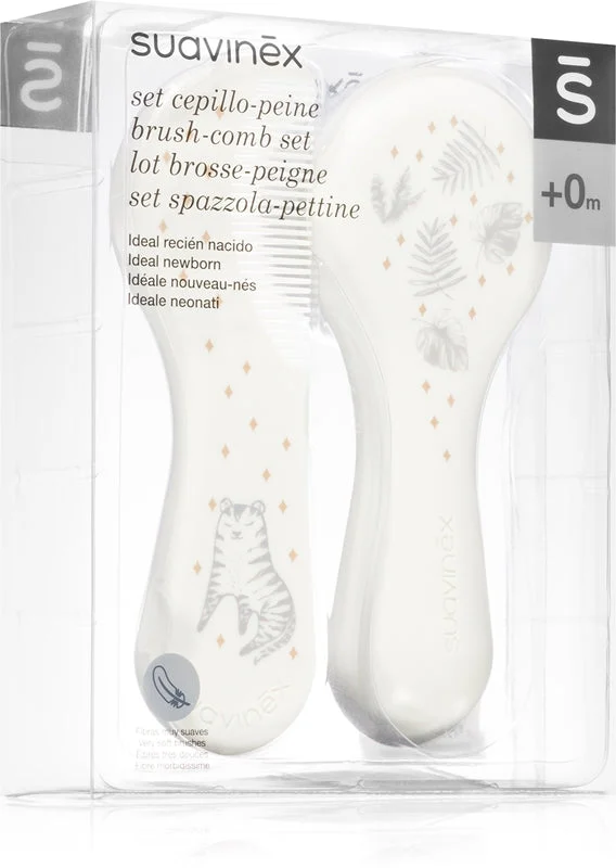 Suavinex Tigers Set per neonati grigio 2 pezzi spazzola e pettine