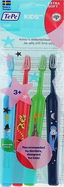 Spazzolini da denti per bambini, verde chiaro + rosso + azzurro + blu