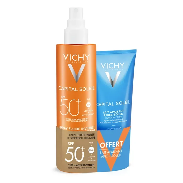 Vichy Capital Soleil Spray fluido invisibile protezione cellulare SPF50+ 200ml + latte lenitivo doposole 100ml
